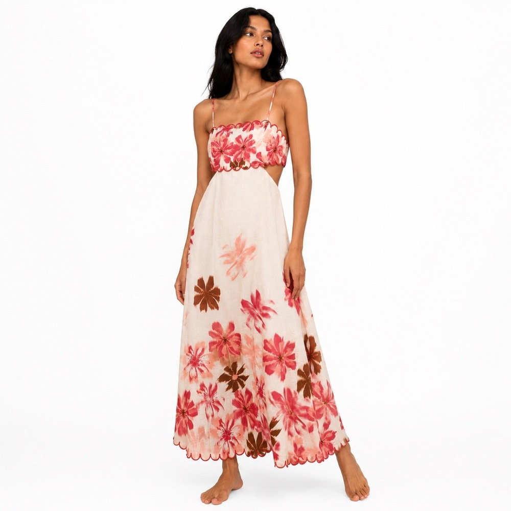 Especia Womens Capsicum Maxi Dress Pink XS Floral Scalloped Cutout Tropical Boho